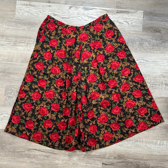 Vintage High-Waisted Black & Red Rose Print Skirt 2X - Picture 1 of 5